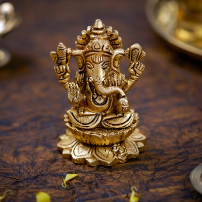 10club Lord Ganesha Idol | Brass Ganesha Sitting on a Lotus For Home Decor Decorative Showpiece  -  9 cm(Brass, Yellow)