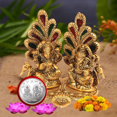 Kitlyn Divya Shakti Laxmi Ganesh Statue Deepam Oil Lamp/ Diya Stand (Peacock Theme) Brass Table Diya(Height: 5.2 inch)