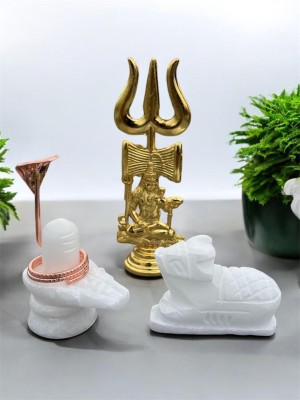 BUY N RELAX white Nandi Shivling combo with Copper Naag and Golden Trishul Decorative Showpiece  -  10 cm(Marble, White)