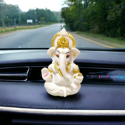 NEELAYA Premium Divine White Ganesh Statue for Car Dashboard & Home Decor Office Gifting Decorative Showpiece  -  9 cm(Polyresin, White)