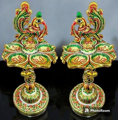 Koolwal craft Colour Candal diya set of 2 peacock design showpiece Decorative Showpiece  -  21 cm(Metal, Multicolor)