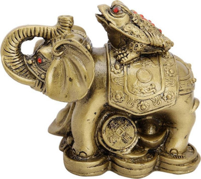 TIRALS Feng Shui Frog on Elephant Showpiece brass color Decorative Showpiece  -  10 cm(Polyresin, Gold)