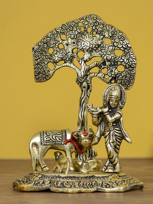 eCraftIndia Lord Krishna playing Flute under Tree with Golden Cow and Calf Showpiece Decorative Showpiece  -  16.5 cm(Aluminium, Gold, Brown)