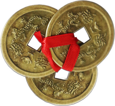 Shopperduniya Copper 3 Coins Lucky Fortune Wealth Charm Coins with Hole and Red Ribbon Knot Decorative Showpiece  -  0.1 cm(Bronze, Brown)
