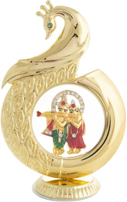 INTERNATIONAL GIFT Gold Plated Radha Krishna Idol Playing Flute In Peacock Design | For Car Desk Decorative Showpiece  -  8 cm(Aluminium, Gold)