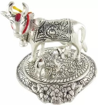 SHRI ASTHA VINAYAK Kamdhenu Cow With Calf Statue Decorative Showpiece 9 cm Religious Idol Decorative Showpiece  -  10 cm(Brass, Silver)