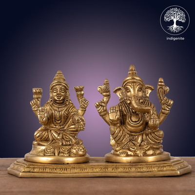 Indigenite Brass Lakshmi Ganesh Murti | Laxmi Ganesh Idol | Pital Lakshmi Ganpati Statue | Decorative Showpiece  -  8.9 cm(Brass, Gold)