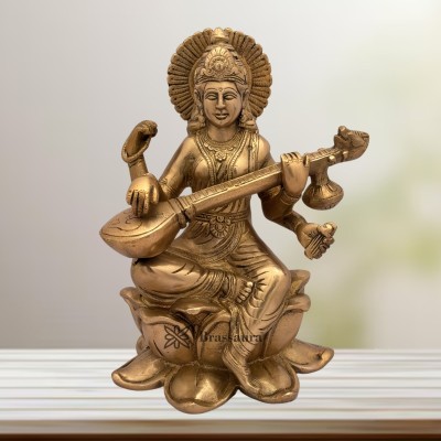 BrassAura Brass Goddess Saraswati Devi Statue for Diwali Puja 3.6 Kg Decorative Showpiece  -  10.2 cm(Brass, Gold)