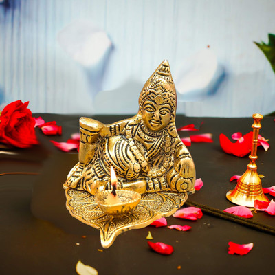 NOKTUS Kuber Deepak on Leaf |Kubera Diya Murti for Temple Decor|Religious Idol Brass Table Diya(Height: 3.5 inch)