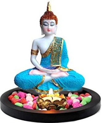 SN Handicrafts Sitting Buddha Idol with Tealight Candle Holder and Wooden Tray for Home Decor Decorative Showpiece  -  2.16 cm(Resin, Light Blue)