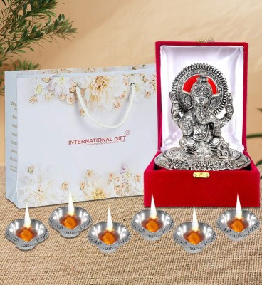 INTERNATIONAL GIFT Silver Plated Ganesha Oxidized Finish With 6 Pics Designer Diya Decorative Showpiece  -  11 cm(Aluminium, Silver)