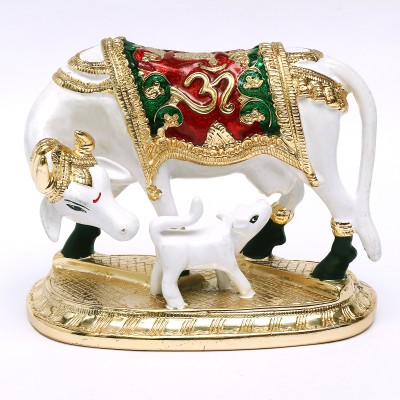 MurtiGhar Gold Coated Red Green Meena Kamdhenu Om Cow | A Stunning Symbol of Elegance Decorative Showpiece  -  15.24 cm(Resin, White)