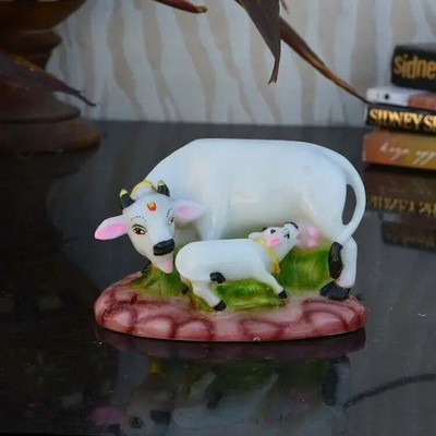 Spiricon Poly Resin Decorative White Cow with Calf Decorative Showpiece  -  8 cm(Resin, Multicolor)