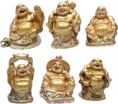 Spreading Smiles Laughing buddha set of 6 showpieces Decorative Showpiece  -  5 cm(Polyresin, Gold)