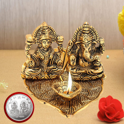 Kitlyn Brass Laxmi Ganesh Idol Diya With Laxmi Ganesh Coin for home decor & diwali gift Decorative Showpiece  -  8 cm(Brass, Gold)