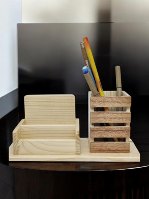 Krafts & Kreations Channapatna wooden pen stand light brown medium 11 cm Decorative Showpiece  -  11 cm(Wood, Brown)