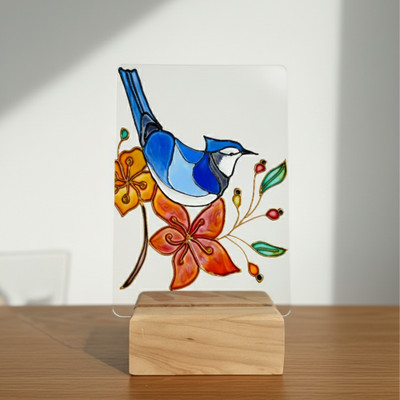ZHOOSH Handcrafted Blue Bird Glass Painting with Wooden Stand Decorative Showpiece  -  28 cm(Glass, Wood, Multicolor)