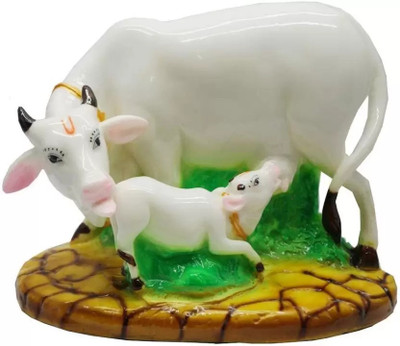 DARIDRA BHANJAN daridra bhanjan Marble Polyresin Kamdhenu Cow with Calf Statue Decorative Showpiece  -  10 cm(Marble, White)