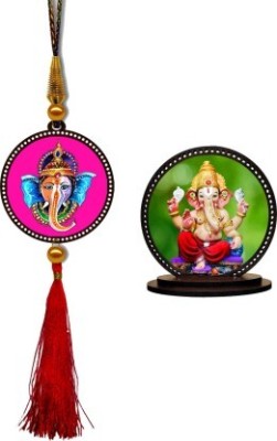 GiftzLane Lord Ganesha Car Hanging & Ganpati Car Dashboard Idol Decorative Showpiece  -  8.5 cm(Wood, Multicolor)