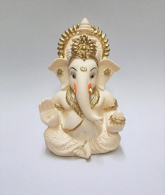 Reena Enterprises Elegant Polyresin Lord Ganesha Idol with Golden Accents, Perfect for Home Decor Decorative Showpiece  -  8.5 cm(Polyresin, White)