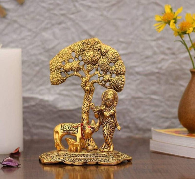 sanskaari Metal Krishna with Cow Standing Under Tree Playing Flute / Brass Showpiece Decorative Showpiece  -  10 cm(Metal, Gold)