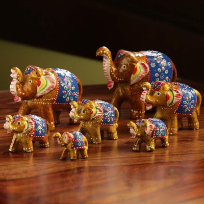 Fashion Art Handicraft Elephant Sequence 7 Pieces Kanha Ji Pooja Room & Gifted Item For Home Decorative Showpiece  -  10 cm(Paper Mache, Gold)