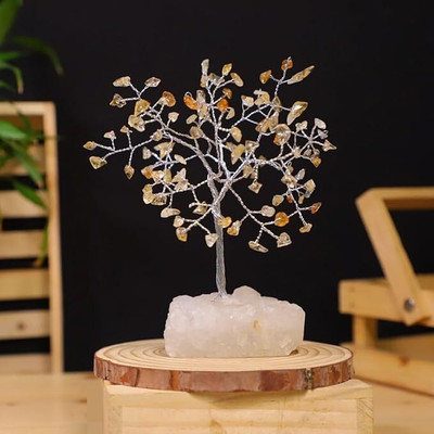 Crystal Divine Citrine Crystal Bonsai Tree Wrapped To Silver Wire, Raw Base for Manifest Dreams Decorative Showpiece  -  25 cm(Crystal, Yellow)