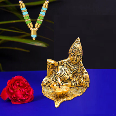 NOKTUS Divya Shakti Kuber Deepam Oil lamp + 1 Garland of Lord Kubera Decorative Showpiece  -  9 cm(Brass, Gold)