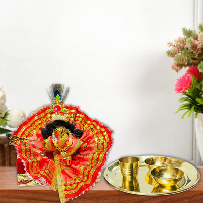DARIDRA BHANJAN Krishna Dress & Laddu Bal Gopal / Wooden Singhasan Meenakari design & Bhog Thali Decorative Showpiece  -  9 cm(Brass, Multicolor)