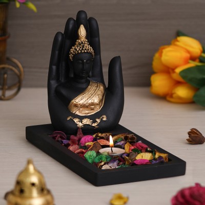 eCraftIndia Gold & Black Polyresin Palm Buddha Showpiece with Rectangle Wooden Base Decorative Showpiece  -  13 cm(Polyresin, Black)