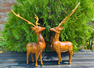 Rural Bird Wooden Deer Handicraft (Set of 2) – Handcrafted Ethnic Home Décor & Gift item Decorative Showpiece  -  10 cm(Wood, Brown)