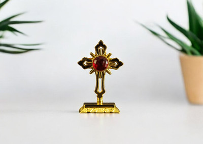 Wodec GOLDEN JESUS CROSS METAL IDOL FOR CAR DASHBOARD-RELIGIOUS IDOL Decorative Showpiece  -  8 cm(Metal, Gold)