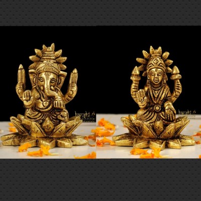 sudarshanarts 07CM Brass Lakshmi Ganesh Statue on Lotus, Temple Decor Ganesha Laxmi Statue Decorative Showpiece  -  7 cm(Brass, Gold)
