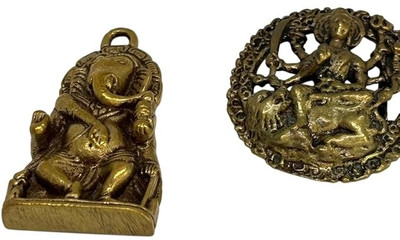 Sethus Brass Lord Ganesha & Goddess Durga dollar (Set of 2) Decorative Showpiece  -  6 cm(Brass, Gold)