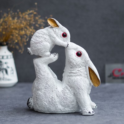 eCraftIndia Gold and White Rabbit Statue with Bunny Animal Figurines Showpiece Decorative Showpiece  -  25 cm(Polyresin, Multicolor)