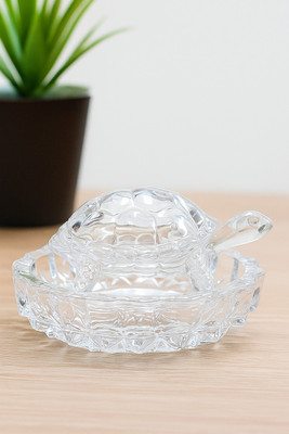 Janani Premium Crystal Tortoise Glass Kachua with Bowl Plate for Vastu & Home Decorative Showpiece  -  12 cm(Glass, Clear)