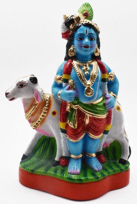 justhandmade Handicraft Krishna with Cow Standing Krishna | Golu Bommai | Kolu Gombe Decorative Showpiece  -  30 cm(Clay, Red)