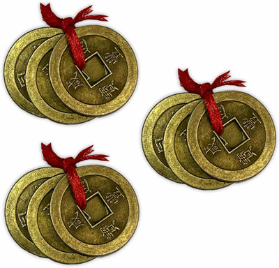 Home Genie Feng Shui Chinese Coins with Red String | Home & Office Décor Pack of 3 Decorative Showpiece  -  1 cm(Metal, Clear, Gold)