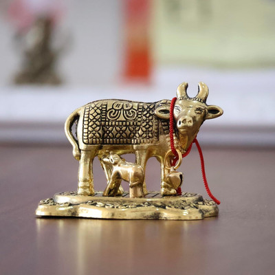 KridayKraft Kamdhenu Cow with Calf Metal Rajasthani Handicrafts Decorative Showpiece Decorative Showpiece  -  5.5 cm(Aluminium, Gold)