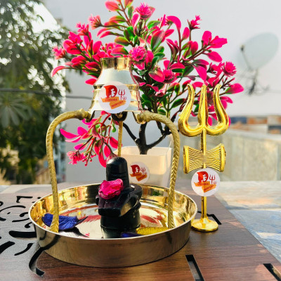 sanskaari Black Shiva Lingam Set of Shivling with Brass Plate, Kalash with Stand/ Trishul Decorative Showpiece  -  14 cm(Brass, Gold)
