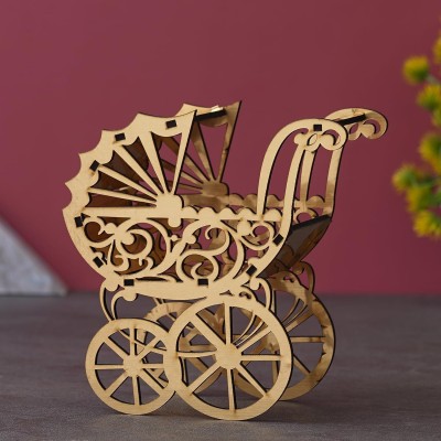 DecorHouse Mini Vintage Baby Stroller, Doll Stroller Laser Cut/Home and Office Table Decorative Showpiece  -  16.51 cm(Wood, Brown)