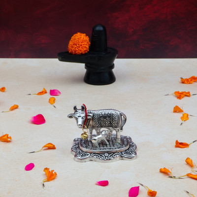 SHRI ANAND Metal Silver Color Cow with Calf Idol Statue for Good Luck Feng Shui & Vastu Decorative Showpiece  -  5.5 cm(Metal, Silver)