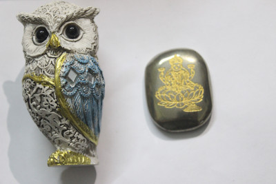 Lucky Rudraksha Resin Owl with Original Pyrite Laxmi Yantra Stone Combo | Wealth & Wisdom by LR Decorative Showpiece  -  6 cm(Resin, Crystal, Blue, Gold)