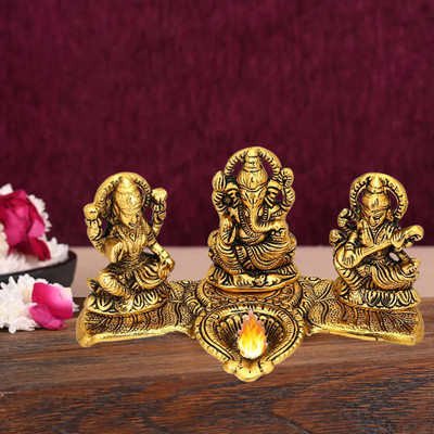 NOKTUS Laxmi Ganesh Saraswati with Deepak Brass Table Diya(Height: 4 inch)