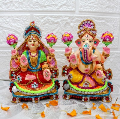 Kumhart Clay Laxmi Ganesh Murti for Diwali Pooja Clay Laxmi Ganesha Idol 5.4 Inch Decorative Showpiece  -  13.5 cm(Clay, Multicolor)