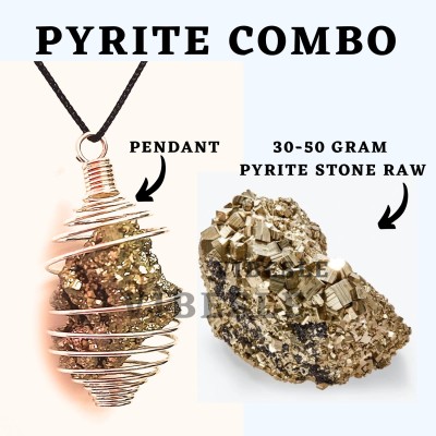 DVISHA Combo of Pyrite Raw Wire Wrap Pendant & 30-50 Gram Raw Rough Cluster Pyrite Decorative Showpiece  -  10 cm(Stone, Gold)