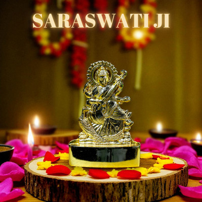 SBBCO Divine Magnet Metal Saraswati Ji Idol for Home Temple and Pooja Decoration Decorative Showpiece  -  7 cm(Metal, Gold)