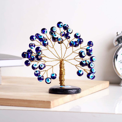 Shubhanjali Evil Eye Tree for Home Decor Items Study Table Vastu Gifts Showpieces 50 Beads Decorative Showpiece  -  10 cm(Crystal, Glass, Blue)