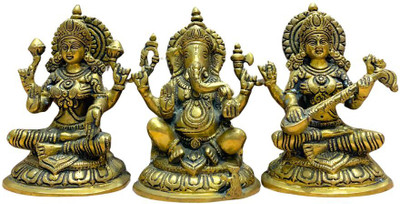 The Art Lane Brass Laxmi Ganesh Saraswati Idol Pair | Decorative Showpiece  -  20 cm(Brass, Gold)