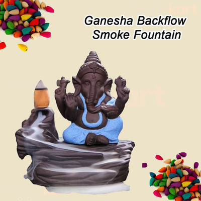 hbkart Handicrafted Smoke Ganesha Fountain Backflow incense burner with 10 free cones Decorative Showpiece  -  10 cm(Polyresin, Blue)